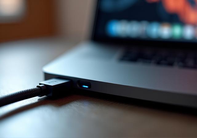 Isang high-speed external SSD na nakakabit sa isang MacBook Pro