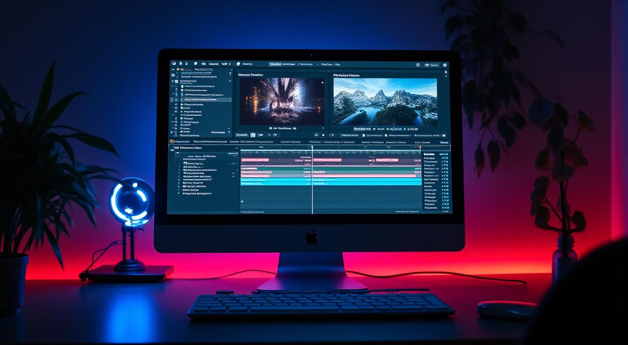 Isang propesyonal na video editing workstation na may Mac at 4K monitor