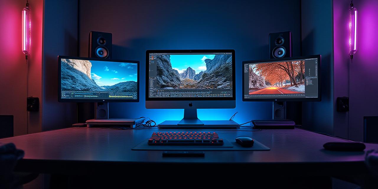 Modern professional video editing suite with dual monitors and studio gear