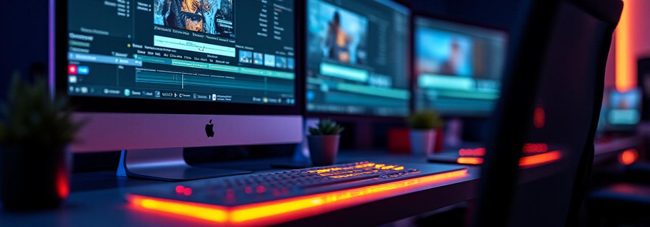 Close-up ng high-end video editing keyboard at trackpad na may cinematic lighting